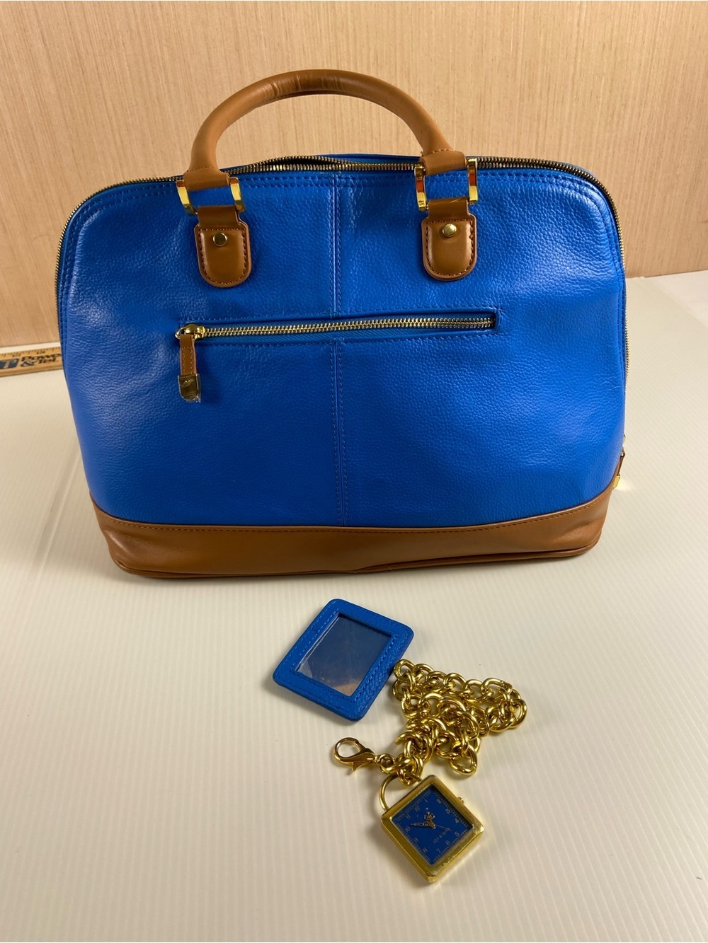 Joy & Iman Cobalt Blue Dome Satchel Bag Watch Charm Mirror Gold Hardware